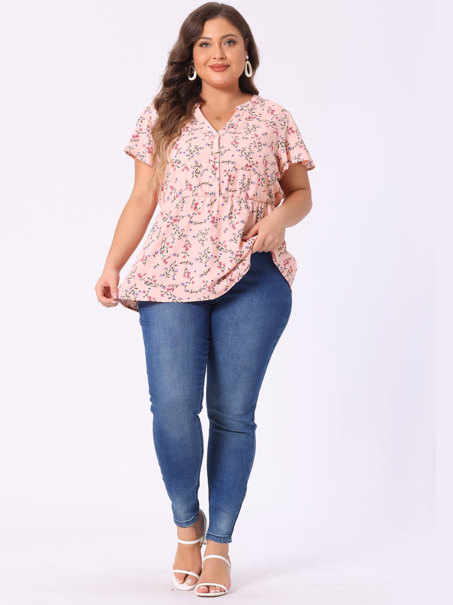 DARING DIVA Women's Plus Floral Elastic Waist Lightweight Chiffon Blouse 4X Pink