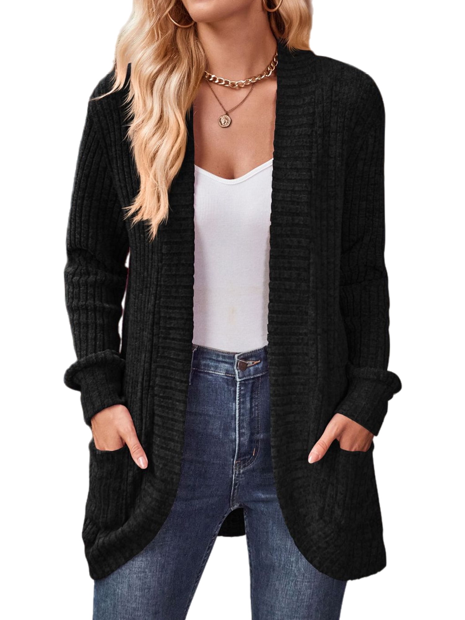 Sexy Dance Ladies Knitted Sweaters Solid Color Cardigan Sweater Long Sleeve Cardigans Cozy Open Front Black M
