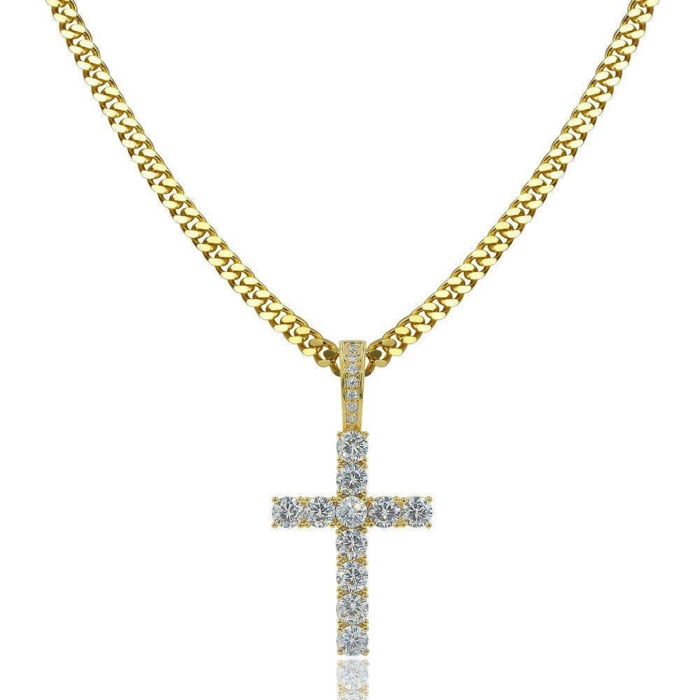 TOPGRILLZ 14K Gold Silver Plated Solid Iced out CZ Lab Cubic Zirconia Cross Pendant Necklace for Men Women Stainless Chain Cubic Zirconia Cubic