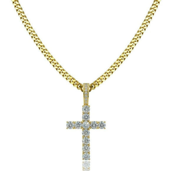 TOPGRILLZ 14K Gold&Silver Plated Solid Iced out CZ Lab Cubic Zirconia Cross Pendant Necklace for Men Women Stainless Chain Gold 24"Cuban Chain