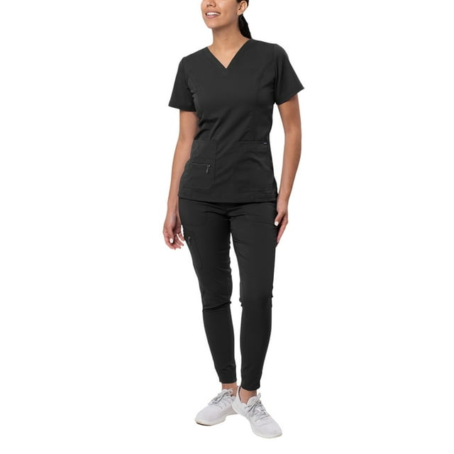 Adar Pro Flawless Plus Scrub Set For Women - Elevated V-Neck Top & Jogger Scrub Pants - P9600 - Black - 3X