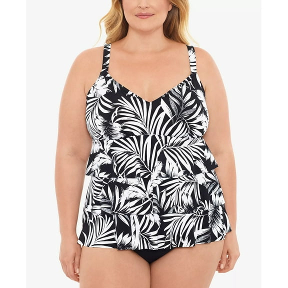 Swim Solutions FEATHER BLOOM BLACK Triple-Tier One-Piece Swimsuit, US 24W
