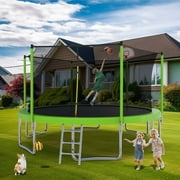 14FT Trampoline for Kids and Adults,Outdoor Large Recreational Trampoline with Ladder and Basketball Hoop,Green