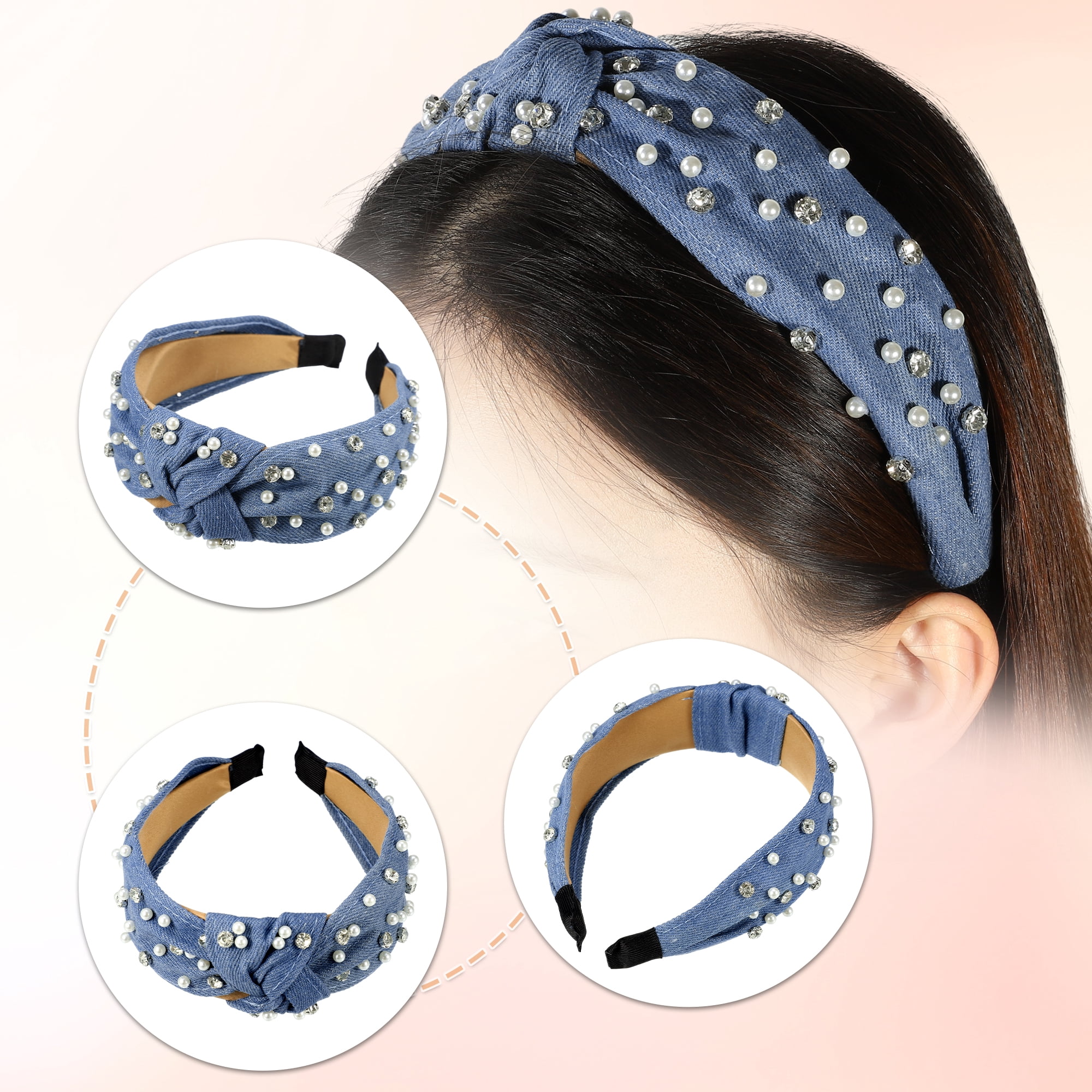 Unique Bargains Pearly Rhinestones Crystal Knotted Women Headband Sky Blue 5.31"x1.97"