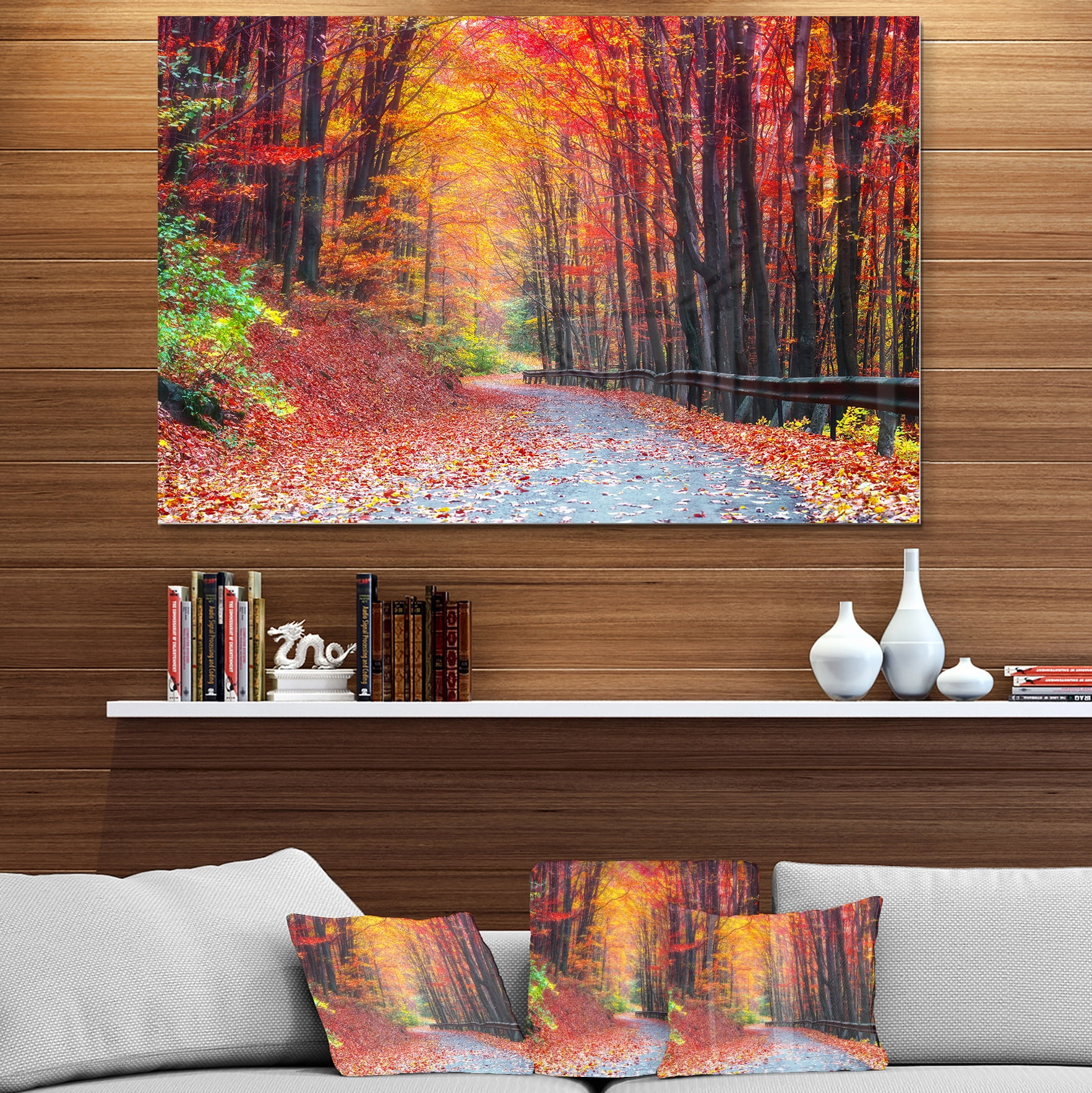 Designart 'Road in Beautiful Autumn Forest ' Modern Forest Metal Wall Art Panels