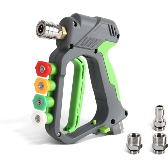 Short Pressure Washer Gun with Swivel, 4000 PSI, 3/8" Quick Connect, M22-14mm & M22-15mm Adapters, 4 Nozzle Tips, Safety Lock for Car Wash