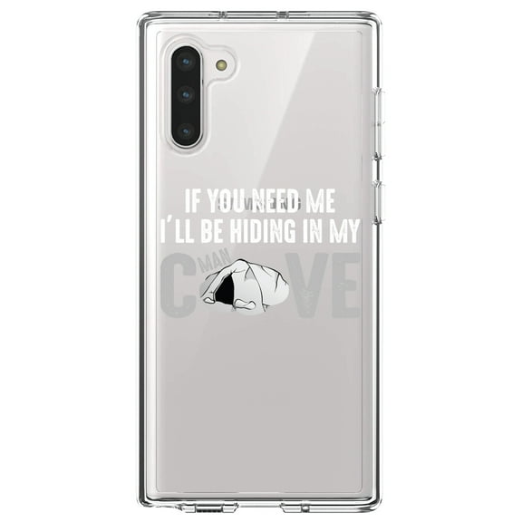 DistinctInk Clear Shockproof Hybrid Case for Samsung Galaxy Note 10 (6.3" Screen) - TPU Bumper Acrylic Back Tempered Glass Screen Protector - If You Need Me I'll Be Hiding in My Man Cave