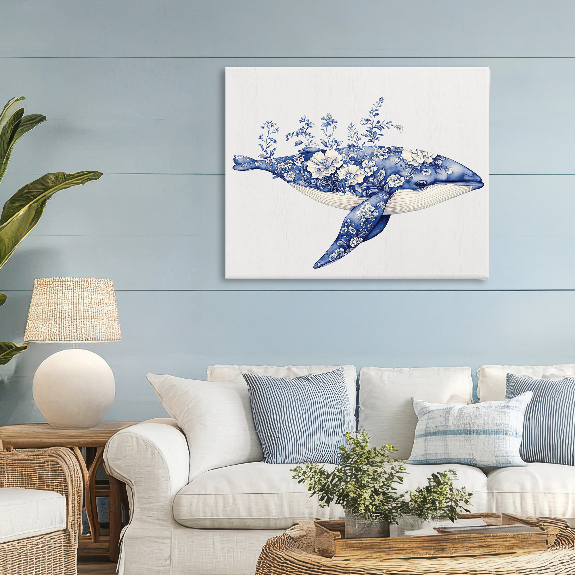 Blooming Toile Whale Canvas Wall Art, design by Lettered and Lined