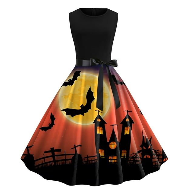 Robe Sans Manches à Col Rond Imprimée pour Femmes, Robe de Bal Élégante et Fluide pour Fête