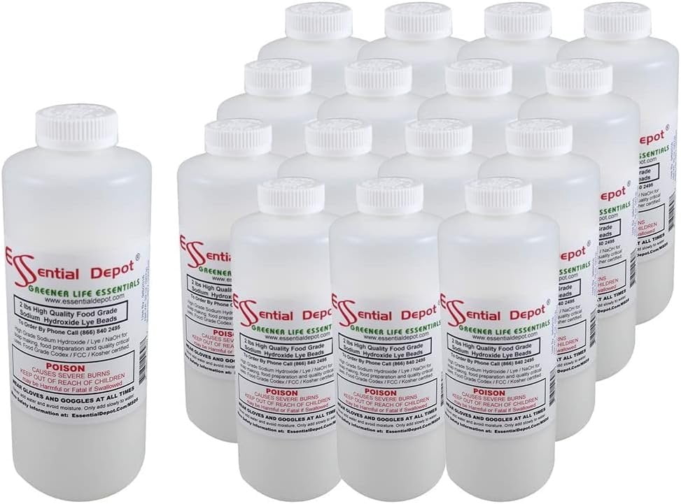 32 lbs Food Grade Sodium Hydroxide Lye Micro Beads - 16 x 2lb Bottles