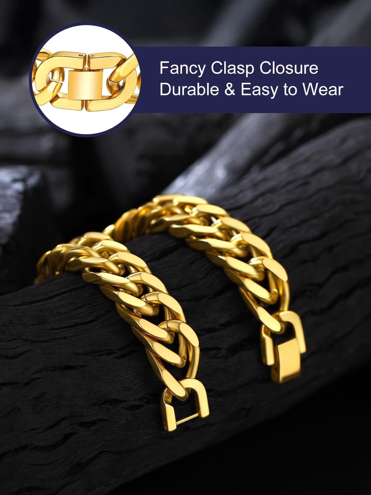 Bandmax 17MM 14K Gold Plated Cuban Chain Bracelets for Men Stainless Steel Miami Curb Link Hand Chain Wristlet Birthday Valentines Father Day Gift for Dad Son Husband Grandpa