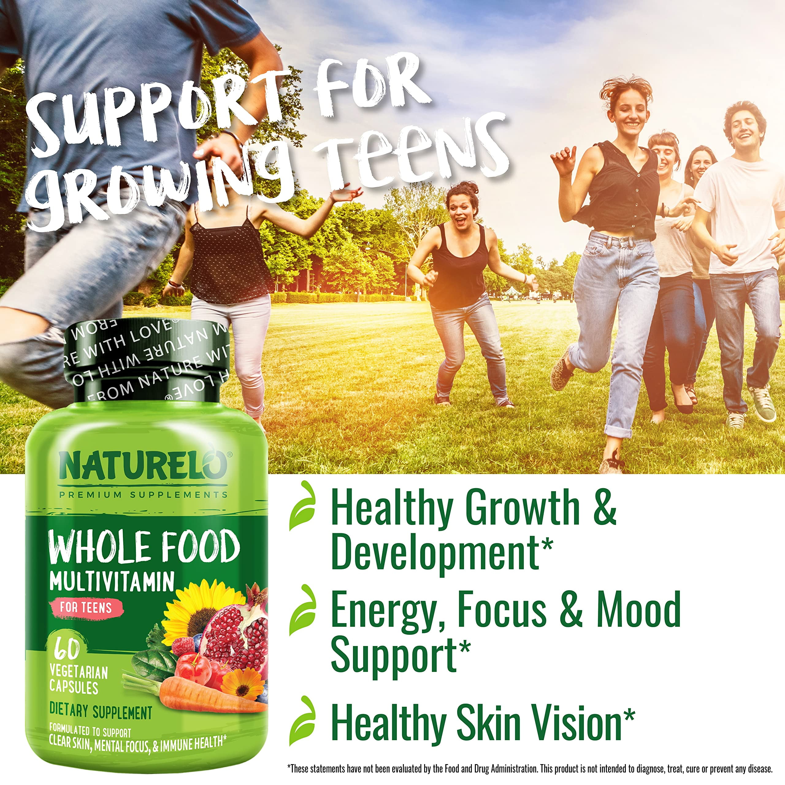 NATURELO Teen Multivitamin - Whole Food Multivitamin - with Minerals for Teenage Boys & Girls - Supplement for Active Kids - Non-GMO - Vegan & Vegetarian - 60 Capsules