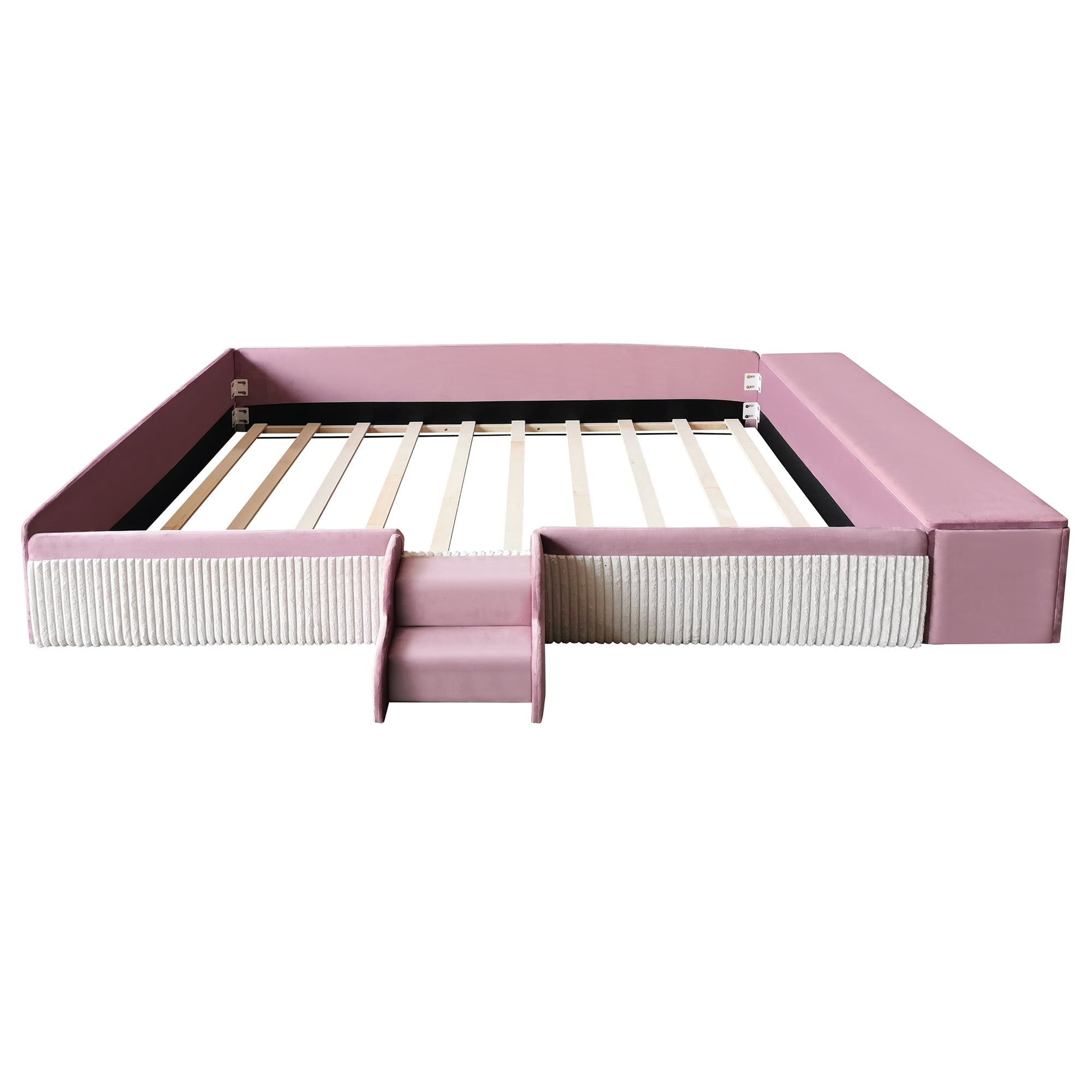 Leumius Queen Size Floor Bed Frame with Stairs & Gas Lift Storage Ottoman, Velvet Upholstered Daybed with Padded Guardrails, Pink+White