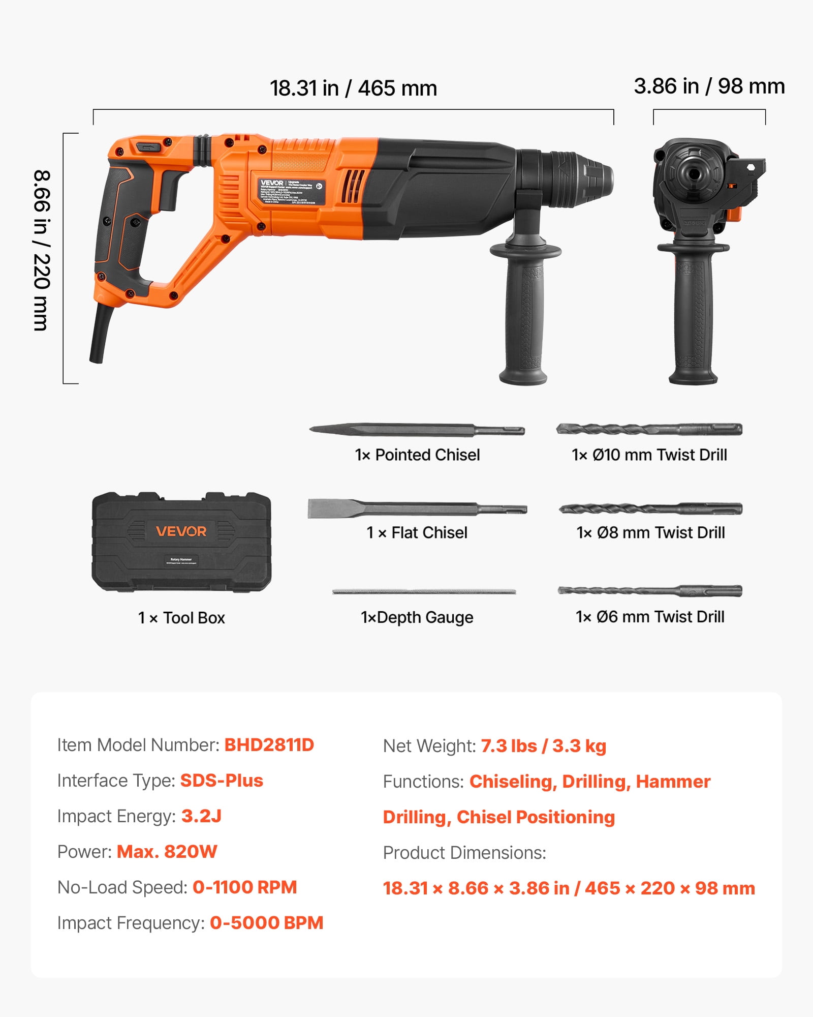 VEVOR Rotary Hammer Drill, 1-1/8 in SDS-Plus Electric Corded Heavy Duty Rotary Hammer, 4 Functions, Including 3 Drill Bits, Flat Chisel, Pointed Chisel, and Carrying Case, for Concrete and Masonry