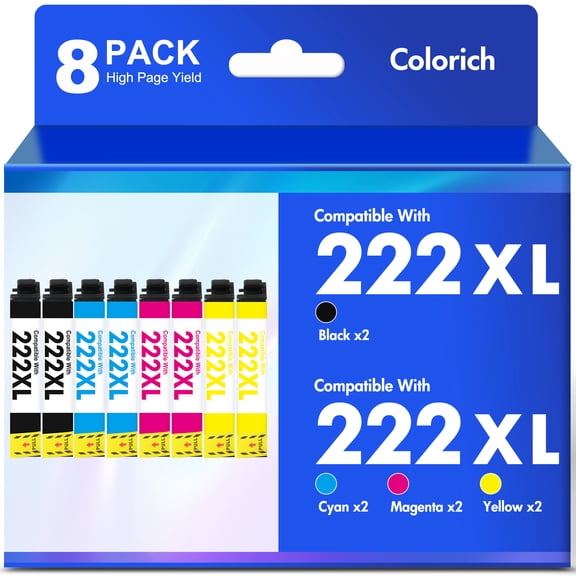 222XL Ink Cartridges 8 Pack Compatible for Epson 222XL 222 Printer Ink Combo Pack Epson Expression Home XP-5200 WorkForce Pro WF-2960 All-in-One (2 Black, 2 Cyan, 2 Magenta, 2 Yellow)