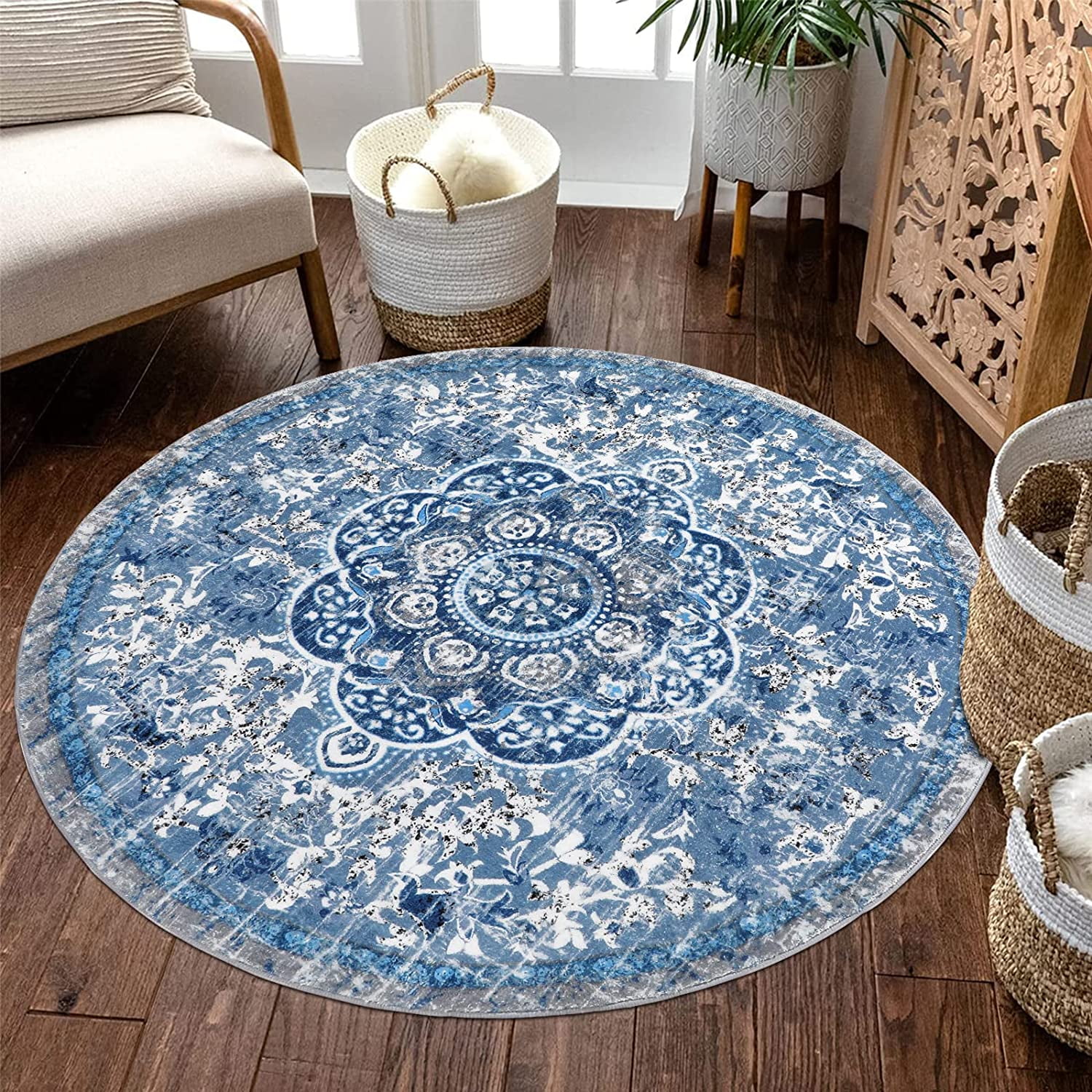 Findosom 4'x4'Round Area Rug,Non Slip Washable Round Rug Boho Area Rug for Living Room,Bedroom,Home Decor,Office,Dining Room, Blue