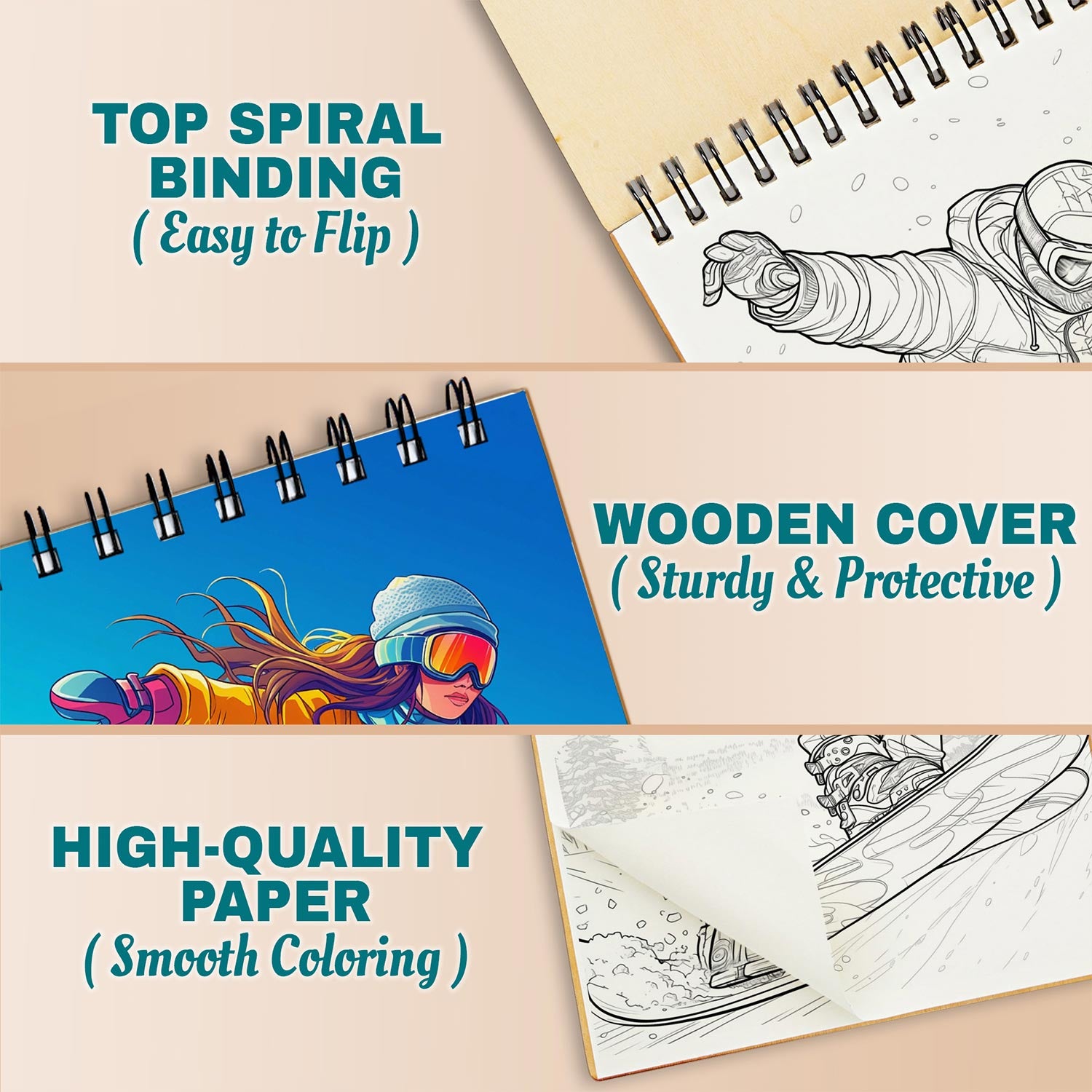 Netecom Snowboarding Coloring Book for Adults, A5 Wooden Cover, Spiral Bound, 30 Awesome Illustrations of Winter Sports for Stress Relief and Relaxation