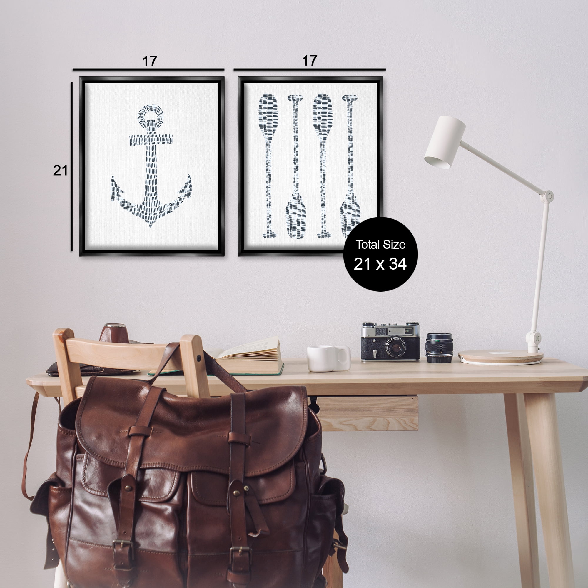 Stupell Industries Simple Lines Nautical Anchor Oars Nautical & Beach Painting Black Floater Framed Canvas Art Print Wall Art, 17 x 21, Set of 2