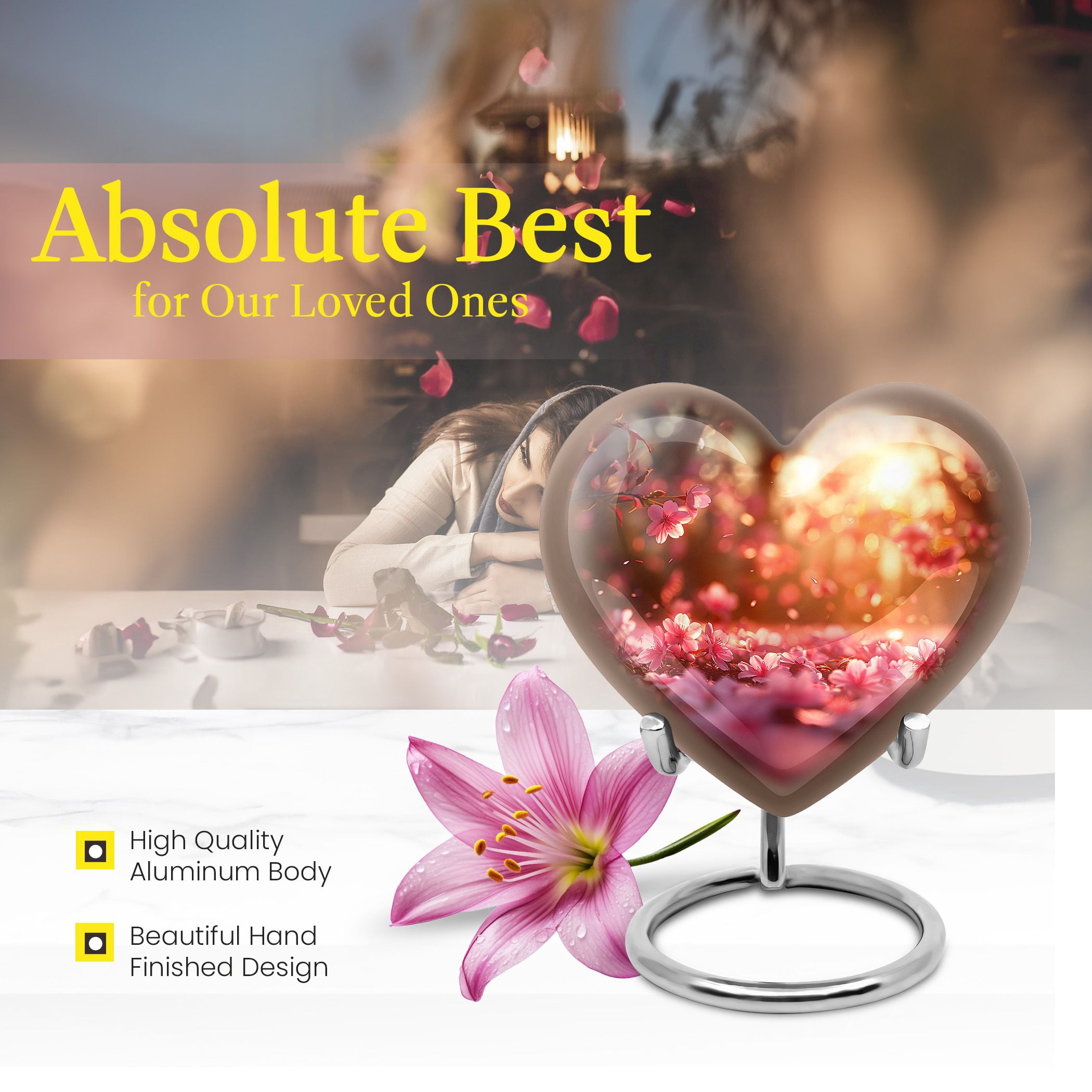 Dance of Petals in Golden Hour Small Urns For Human Ashes Adult - Heart Small Urn for Human Elegance - Heart Heart Shaped Keepsake for Adult Males - Cremation Urn (3inch,1Pcs)