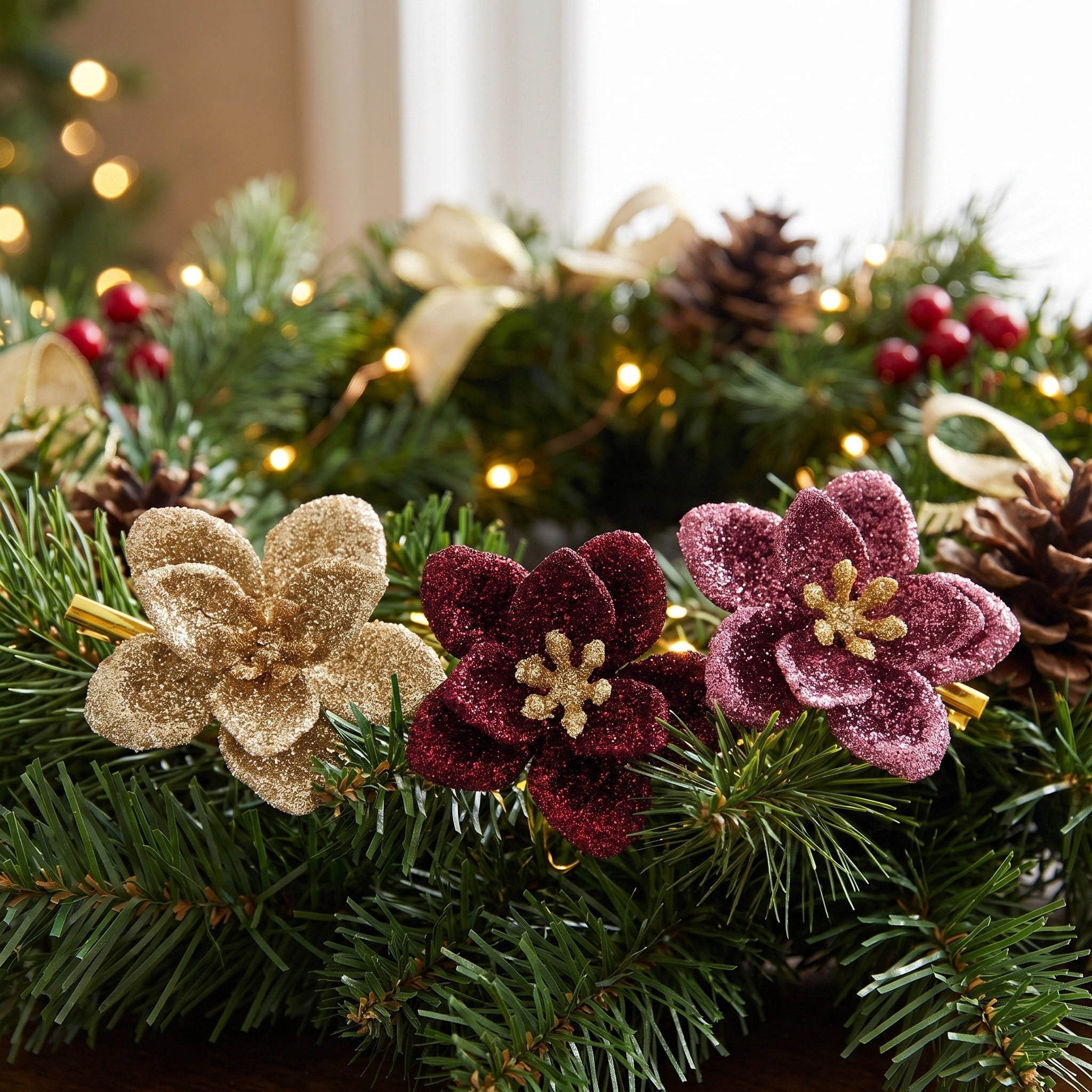 9-Count Red and Gold Glitter Flower Mini Christmas Ornaments, 1.8", by Holiday Time