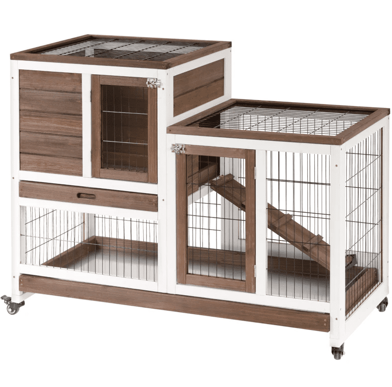 Wooden Rabbit Hutch Elevated Bunny Cage Indoor with Enclosed Run with Wheels, Ramp, Removable Tray, Brown