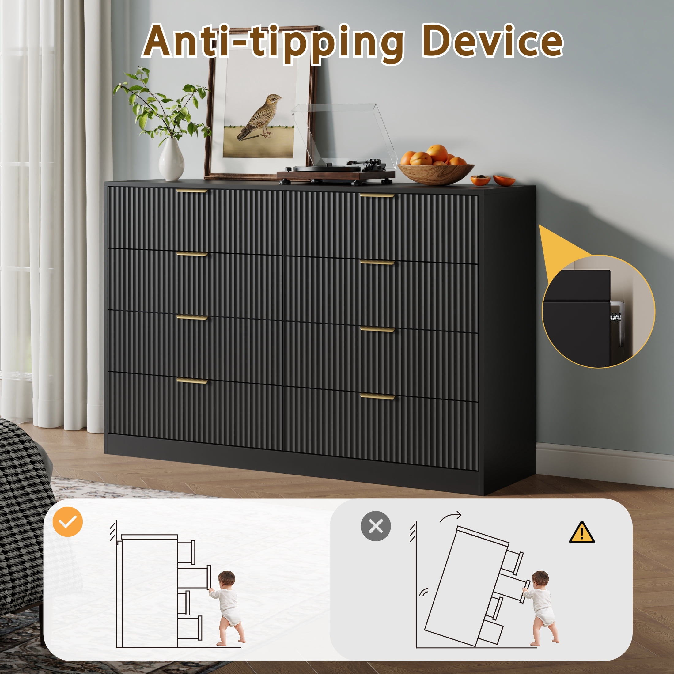 YouTrend Black 8 Drawer Dresser with for Bedroom,Modern Adult Fluted Wood Chest of Drawer with Golden Embedded Handles for Living Room,Hallway