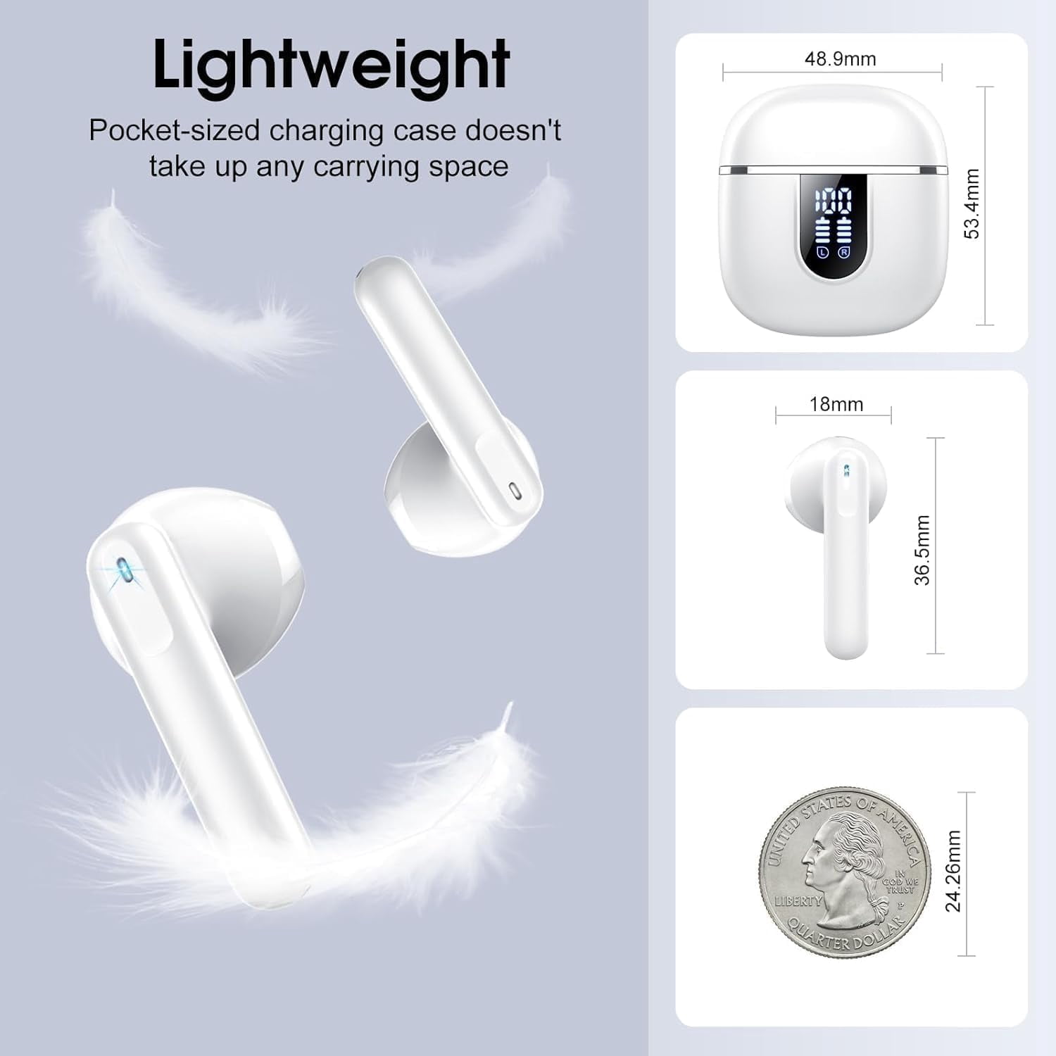 Wireless Earbuds, Bluetooth Ear Buds 5.4 Mini Hifi Stereo with 4 ENC Noise Cancelling Mics Wireless Headphones, 40H in Ear Earphones, Usb C, IP7 Waterproof Bluetooth Headphones for Sports, White