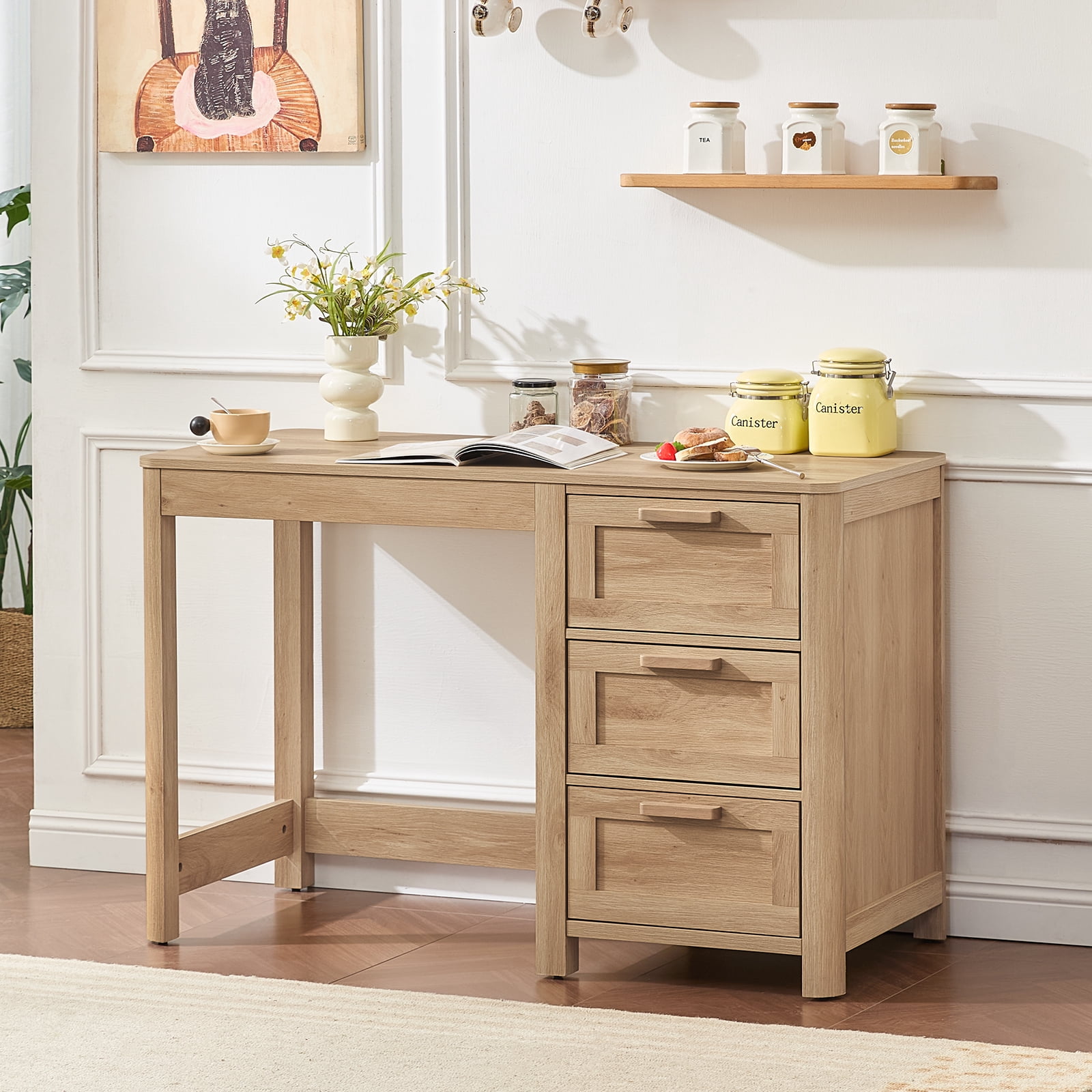 Leyaoyao Home Office Desk 48" Modern Computer Desk Small PC Table with Storage Cabinet, Compact Study Writing Desk for Bedroom, Natural Oak