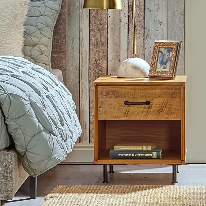 MUSEHOMEINC Rustic Solid Wood Nightstand with Drawer and Shelf for