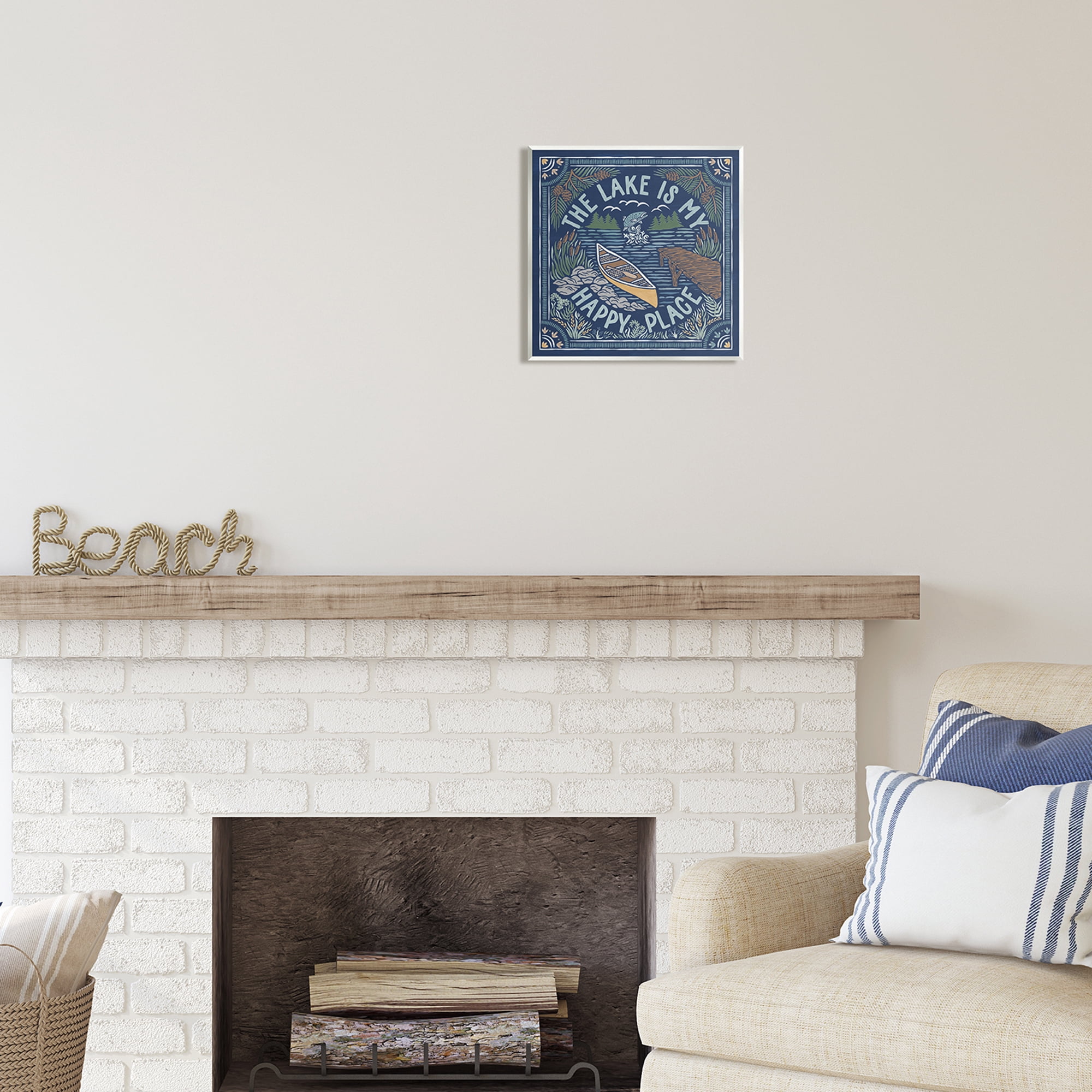 Stupell Industries Lake Happy Place Phrase Nature Painting Unframed Art Print Wall Art, 12 x 12