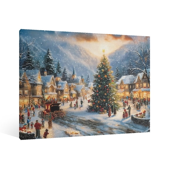Vintage Christmas Snow Town Wall Art Paint Framed - Retro Xmas Festive Winter Holiday Christmas Wall Decor Canvas Print for Living Room Kitchen Bathroom Home Bedroom Decor