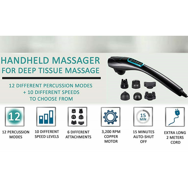 InvoSpa HHMG-8799 Handheld Deep Tissue Massager 6 Interchangeable Nodes 10  Speeds 12 Percussion Modes for Muscles, Back, Foot, Neck, Shoulder, Leg,  Calf Pain Relief Full Body Massage. 6.5' power cord 