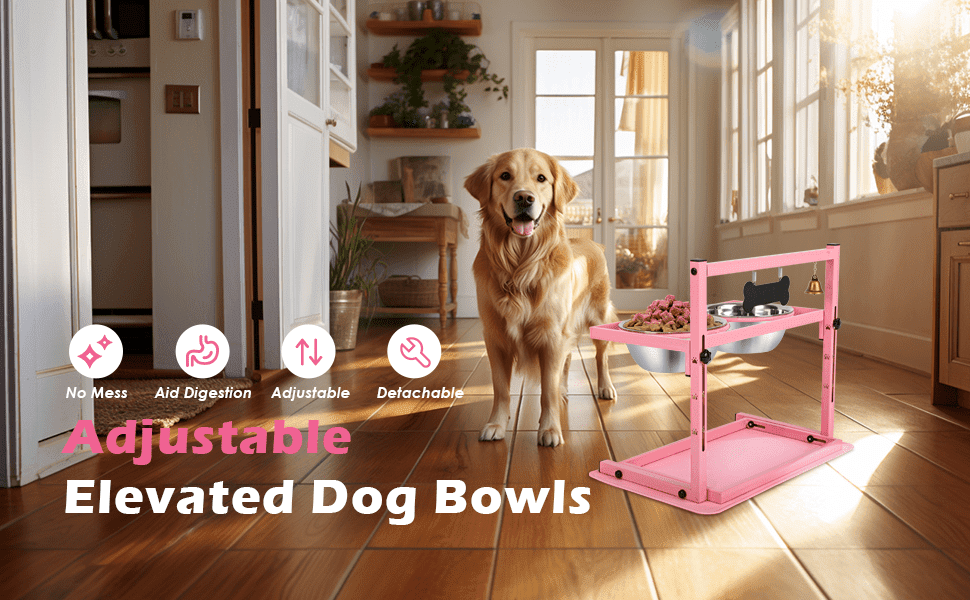 SHAINFUN Pink Raised Dog Bowl Stand with Two 1700ml Stainless Steel Food Bowl, a Slow Dog Bowls and Mat, , Height Adjustable from 4.5in to 12in