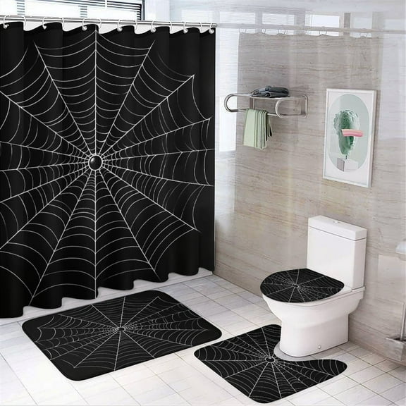 Red Spider Web Black Cartoon Shower Curtain Bathroom Sets Toilet Lid Rug, Rugs Mat Bath Mat And Contour Mat, Shower Curtain 4Pcs