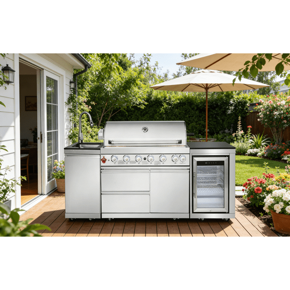 Daheat 83-inch 6-Burner 85000 BTU Deluxe Stainless Steel Gas Outdoor Kitchen Bar Barbecue Island Grill   Wine Refrigerator   Stainless Steel Sink/Faucet