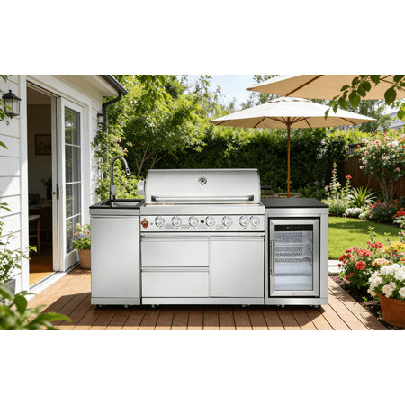 Daheat 83-inch 6-Burner 85000 BTU Deluxe Stainless Steel Gas Outdoor Kitchen Bar Barbecue Island Grill + Wine Refrigerator + Stainless Steel Sink/Faucet