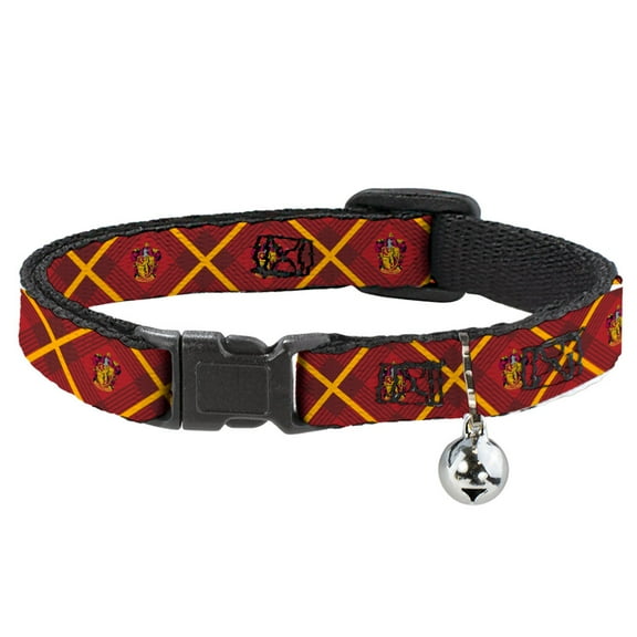 Harry Potter Breakaway Cat Collar With Bell, Plastic Clip, Easy Adjustable, Harry Potter Gryffindor Crest Plaid Reds Gold, 8.5 to 12 Inches 0.5 Inch Wide