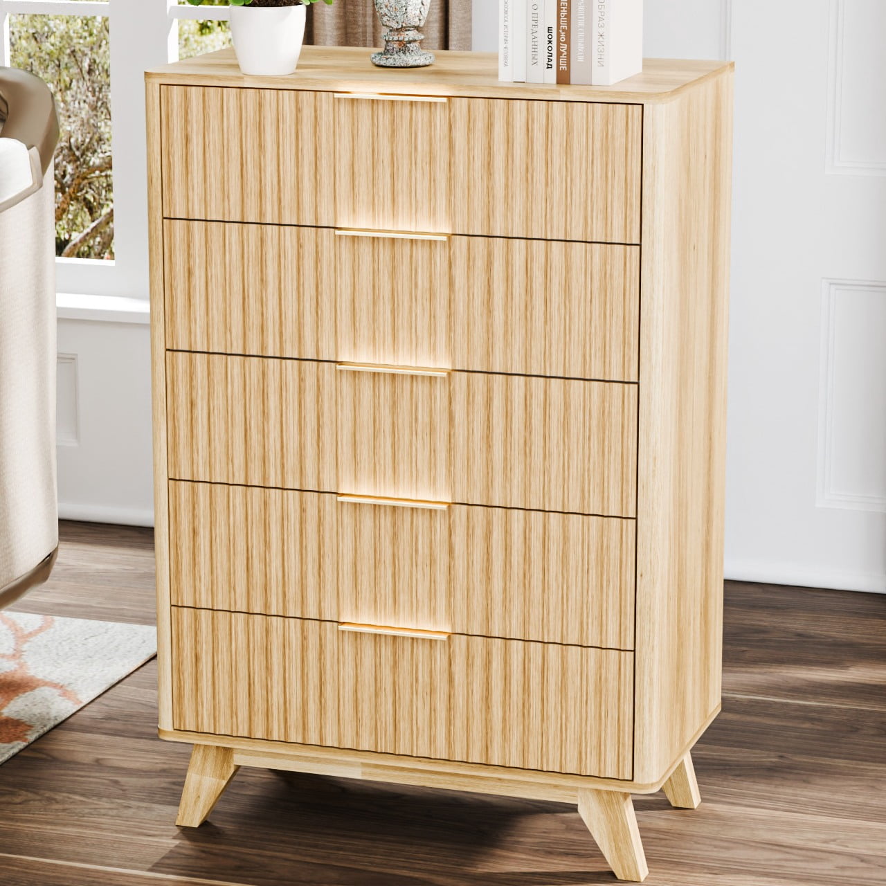 Ktaxon Fluted Large 5 Drawer Dresser Solid Wood Chest of Drawers with Soft Close Slides Storage Cabinet for Bedroom Living Room Entryway Walnut