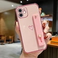 thumbnail image 2 of Compatible with iPhone 12 Case for Women Girls, Bling Luxury Plated Bumper with Cute Love-Heart Design, Adjustable Hand Strap Stand, Raised Edges Shockproof Protection for iPhone 12 - Pink, 2 of 18