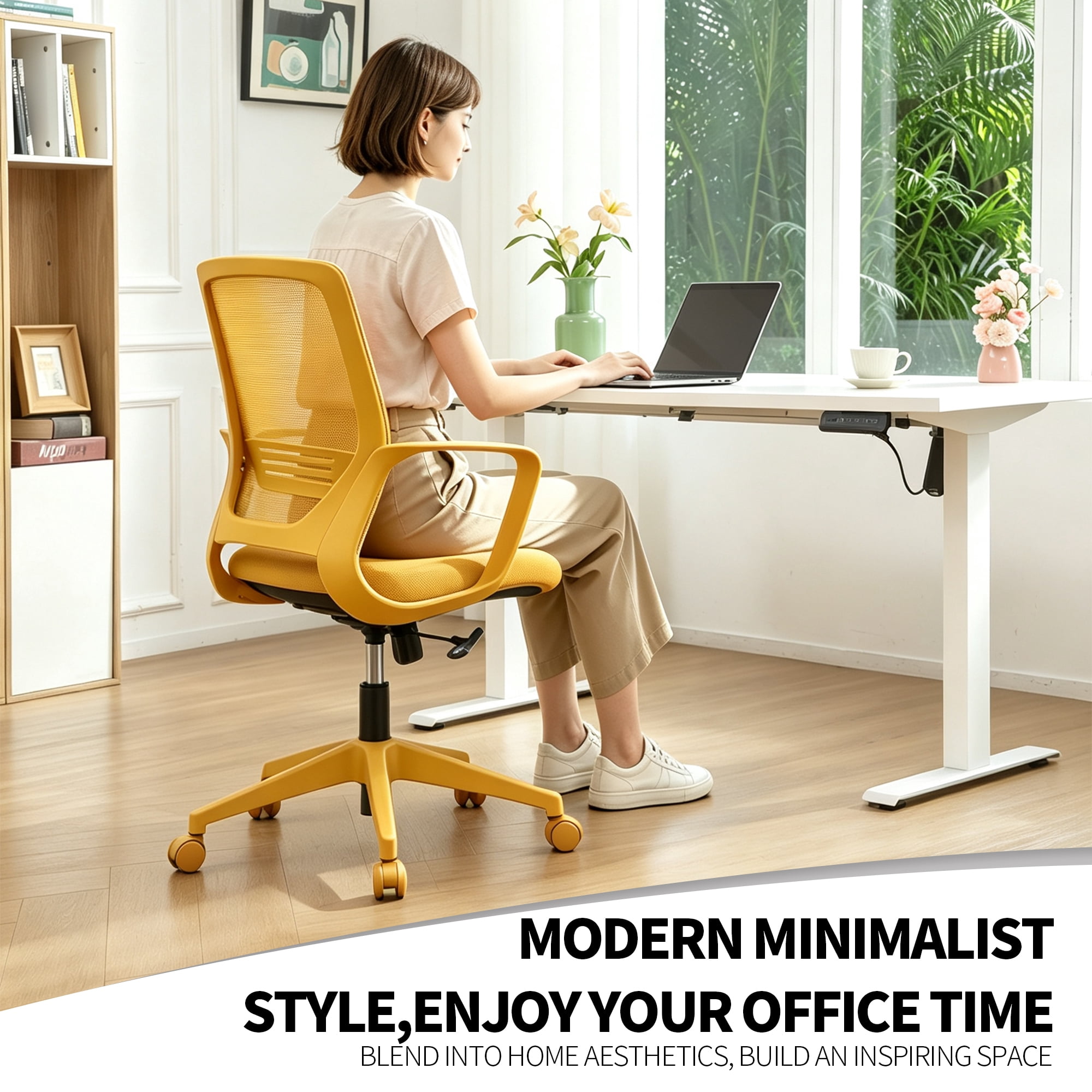 Homy Casa Mesh Desk Chair, Mid Back Adjustable Office Task Chair with Integrated Armrests, Yellow