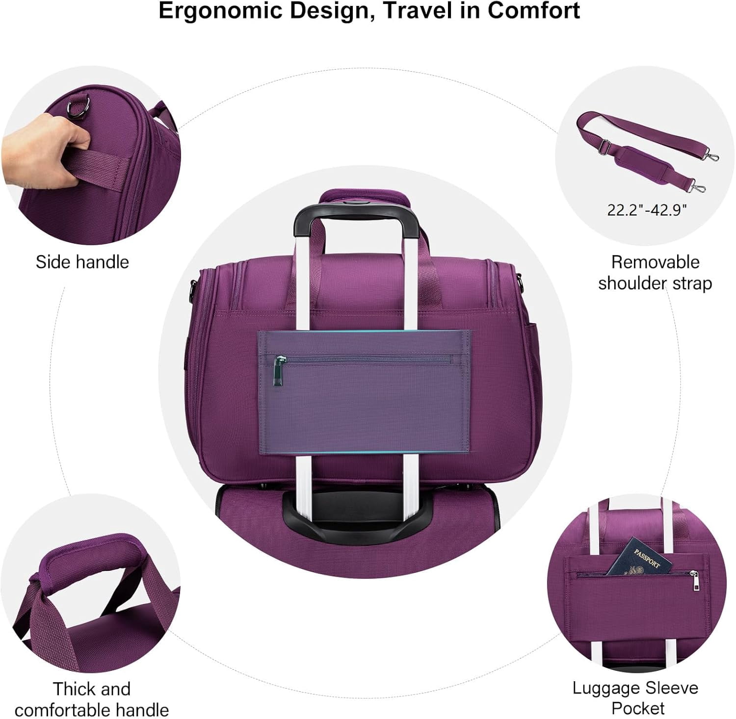 TIAWOLT Underseat Carry On luggage Bags for Travel Foldable Duffle Bag for Travel, Softside Lightweight Travel Bag Carry On Bags for Airplanes Women, Travel Tote Bags for Women Men,Purple