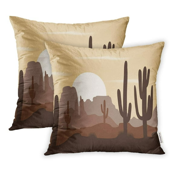 BOSDECO Cactus Morning Landscape with Saguaro Cacti and Mountains Cute Brown Palette Arizona Pillowcase Pillow Cover 20x20 inch Set of 2