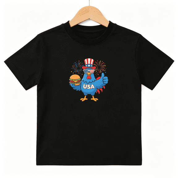 USA Uncle Sam Chicken Burger 4th July Boys Graphic Tee, Patriotic 100% Cotton Kids Short Sleeve T-Shirt 4-13Y