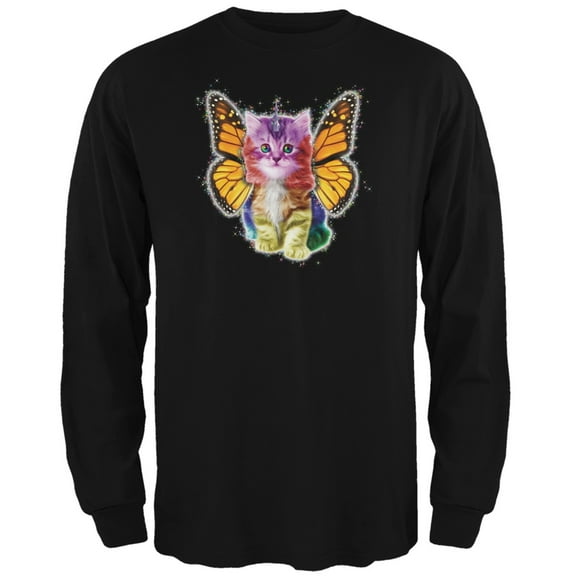 Rainbow Butterfly Unicorn Kitten Black Adult Long Sleeve T-Shirt - Medium