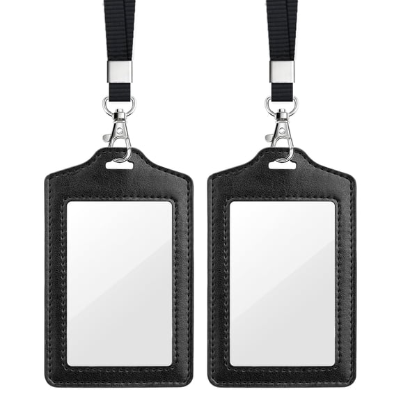 2 Pack Transparent Double Sided Badge Holder, PU Leather ID Card Case with Metal J-Hook, Smooth Nylon Lanyard for Work, Security, Conferences, Black