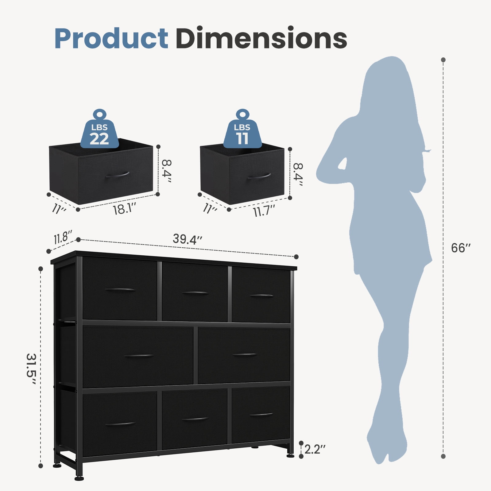 CONCETTA 8 Drawer Fabric Chest, Dresser for Bedroom, Wide Storage Tower for Closet, Living Room, Hallway, Black