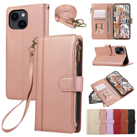 Zipper Wallet Cover for iPhone 15, Case with Crossbody Strap & Wrist Strap Card Holder Folding Stand Premium PU Leather Folio Flip Phone Case for Women for iPhone 15, Rosegold