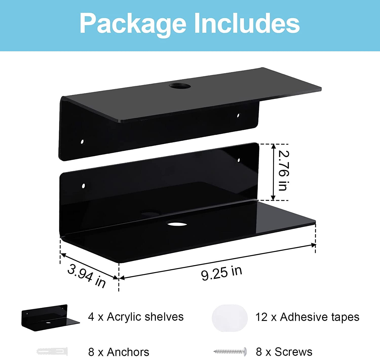 9 Inch Acrylic Floating Shelf No Drill Adhesive Wall Shelf Set of 4 for Funko Pop Storage, Floating Shelves Damage-Free Expand Wall Space for Living Room, Bathroom, Gaming Room, Office - Black