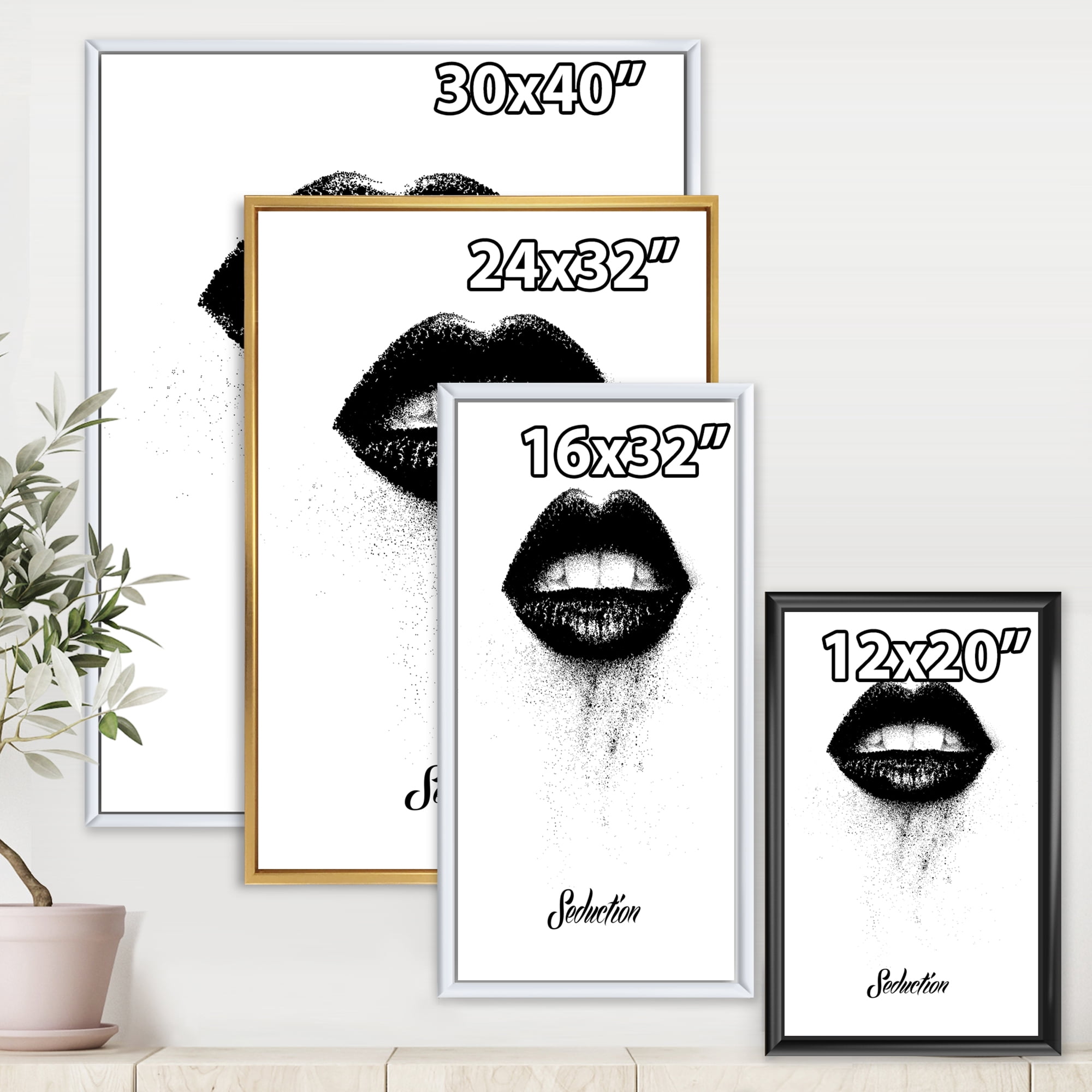 Monochrome Black Female Lips 30 in x 40 in Framed Painting Canvas Art Print, by Designart