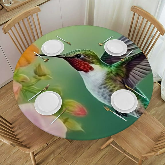Sheronv Hummingbird Flowers Surrealism Round Tablecloth, Stain Resistant & Washable, Indoor Outdoor Table Cover for Kitchen, Dining, Wedding, Parties - 100% Polyester Fiber 31"-35